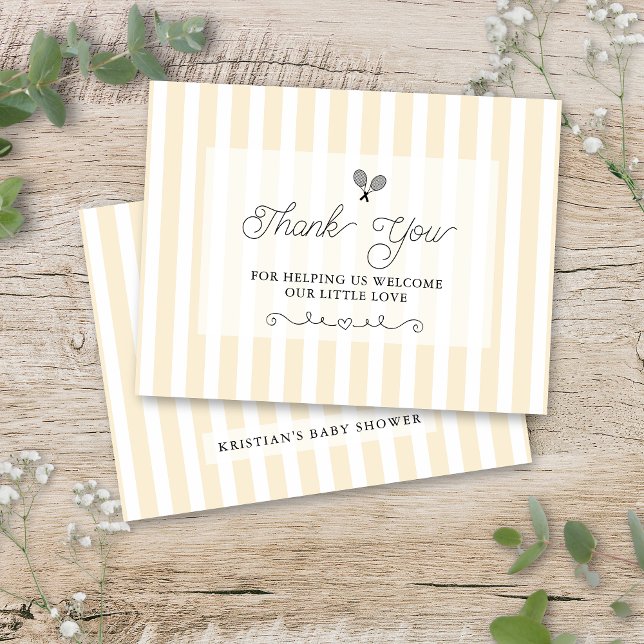 Cartões de Agradecimento de Tênis Listrados de Ama (chic preppy yellow and white striped baby shower flat thank you cards for elegant upscale events)