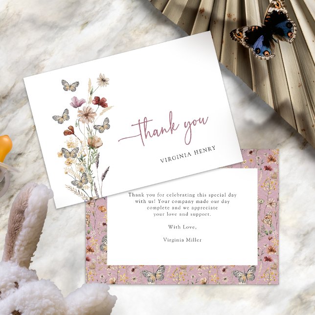 Cartões de Agradecimento Flor Silvestre Rosa (Dusty Pink Wildflower Thank You Cards with Butterflies by Painted Paperie
)