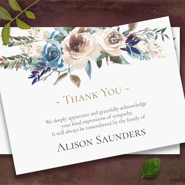 Cartões De Agradecimento Funcional | Beige botânic (Beige and blue florals sympathy bereavement celebration of life funeral thank you cards)