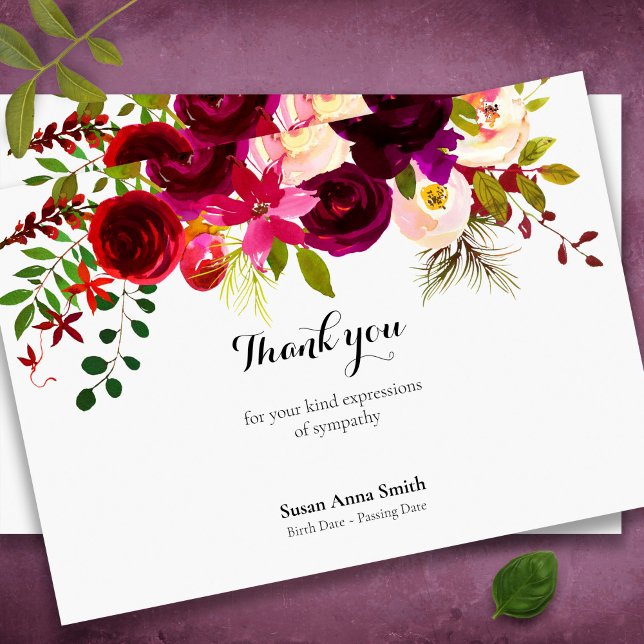Cartões De Agradecimento Funcional | Crimson Flora (Watercolor floral memorial funeral thank you card, celebration of life)