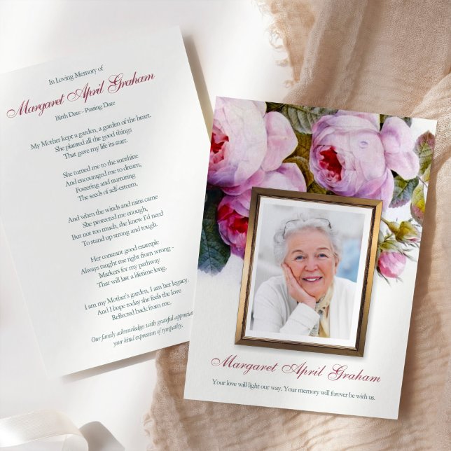 Cartões De Agradecimento Funcional | Florais Botân (Bereavement Sympathy Botanical Florals in Pink Memorial Funeral Thank You Card with Photo)