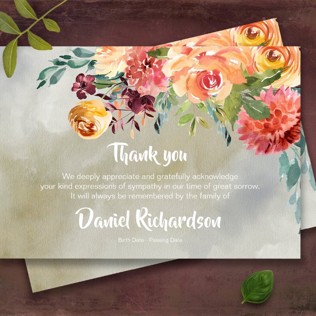 Cartões De Agradecimento Funcional | Paprika Flora (Elegant watercolor floral memorial bereavement sympathy funeral thank you card)