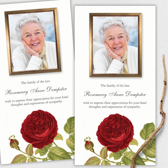 Cartões De Agradecimento Funcional | Rosa vermelha (funeral thank you cards, bereavement, elegant, simple, celebration of life, sympathy card)