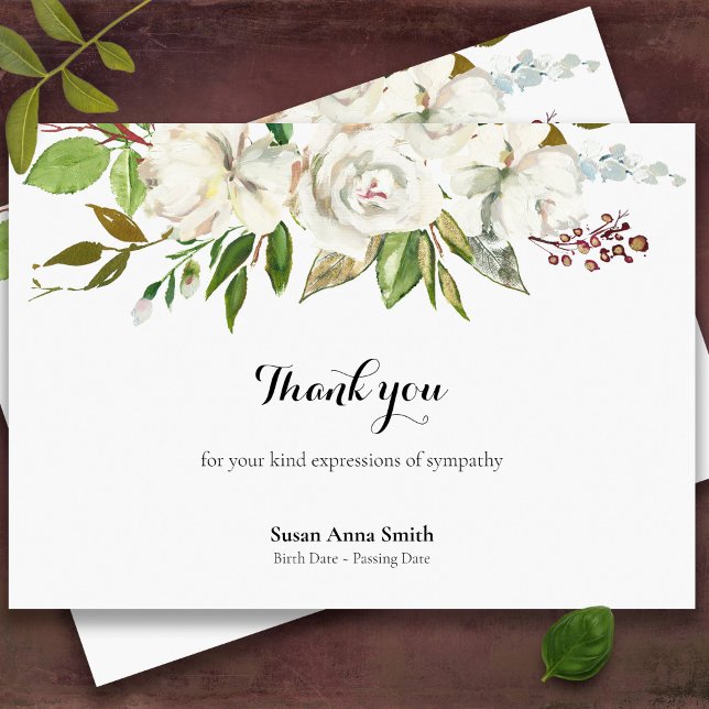 Cartões De Agradecimento Funcional | Rosas brancas (White roses sympathy bereavement memorial funeral thank you card)