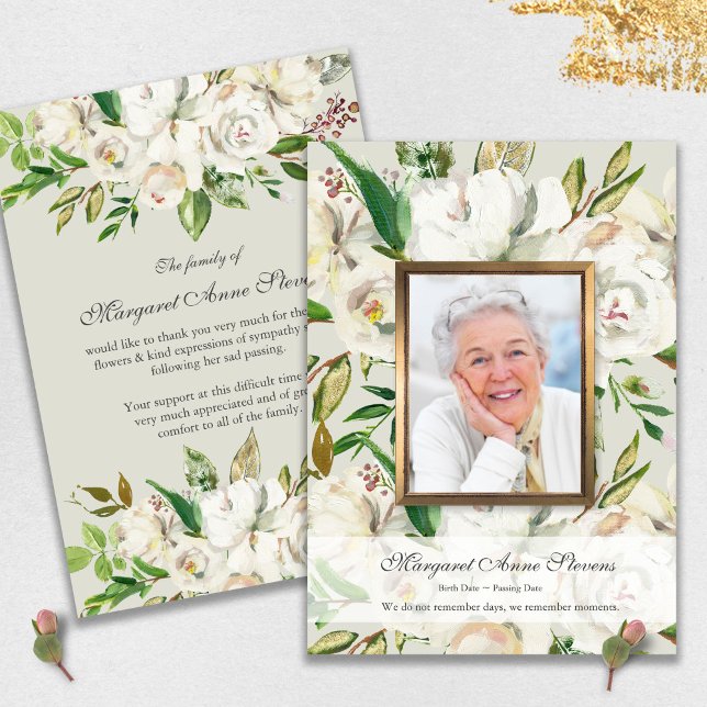 Cartões De Agradecimento Funcional | Rosas brancas (funeral thank you cards, bereavement, elegant, simple, celebration of life, sympathy card)