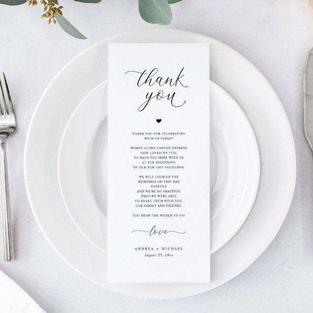 Cartões de Agradecimento para Recepção de Casament (Elegant Romantic Wedding Menus for Reception Tables or Plates - Modern Minimalist Black and White)