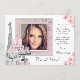Cartões de Agradecimento Pink Paris Sweet 16