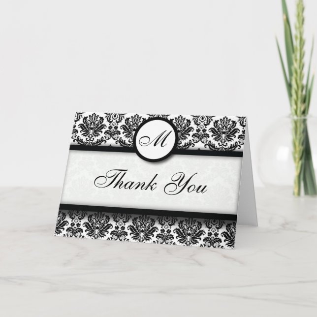 Cartões de Agradecimento Preto e Branco em Damask (Frente)
