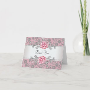 Cartões de Agradecimento Rosa Rosa Damasco Prata