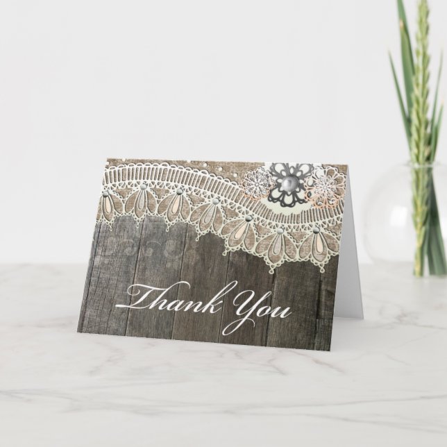 Cartões de Agradecimento Rustic Lace Vintace Wood (Frente)