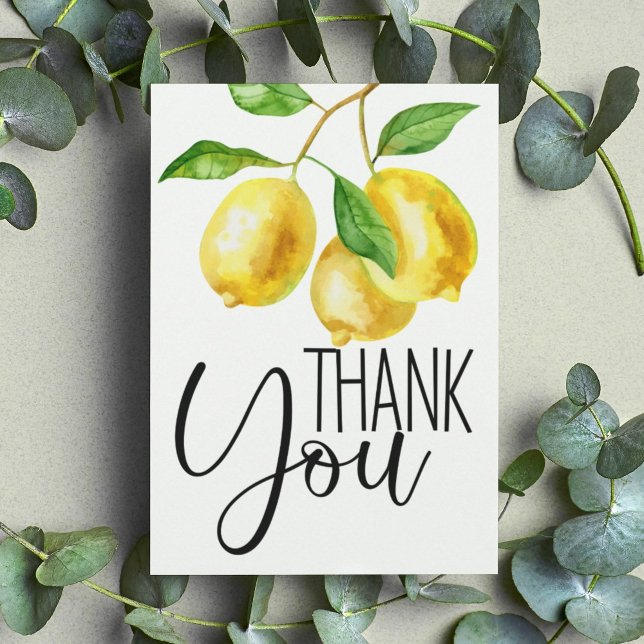 Cartões de agradecimentos amarelo-limão-aquarela (Watercolor lemon drop thank you flat card features fun typography as well as citrus watercolor.)