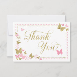 Cartões de agradecimentos borboleta, rosa, Dourada
