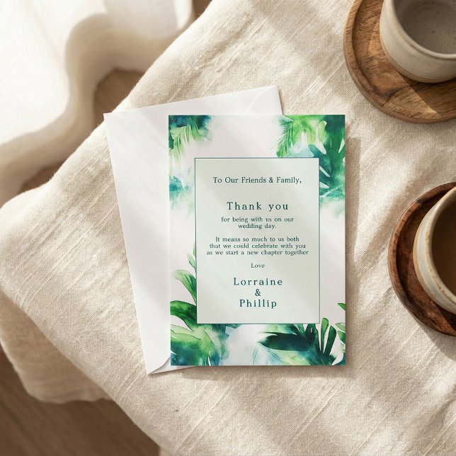 Cartões de agradecimentos botânico de Casamento Ve (Tropical Greenery botanical Wedding Thank You Card.)