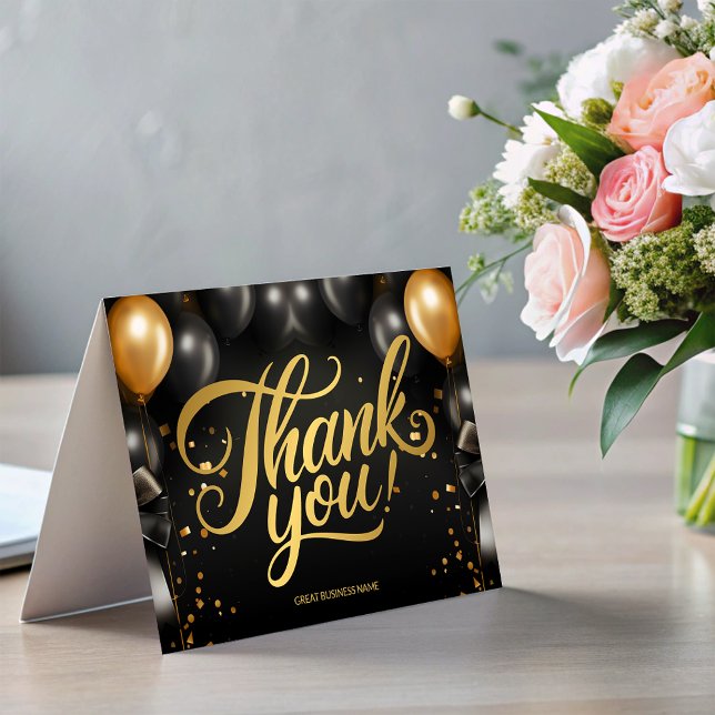 Cartões de agradecimentos Comercial de Balões Dour (Black Gold Balloons Business Thank You card)