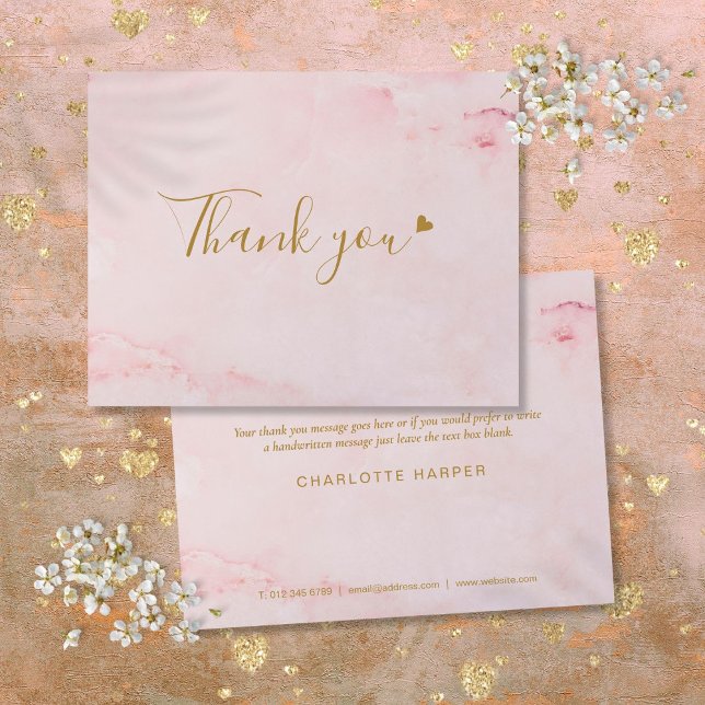 Cartões de agradecimentos Comercial de Script de M (Girly Pink Marble Script Business Thank You Card)