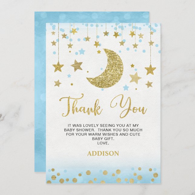 Cartões de agradecimentos da Lua Dourada azul com  (Frente/Verso)