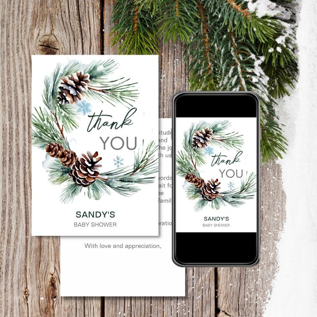 Cartões de agradecimentos da pata do chá de fralda (Winter baby baby shower pine wreath editable template thank you card digital download baby it's cold)