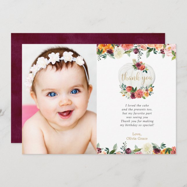 Cartões de agradecimentos de abóbora branca burgun (Frente/Verso)