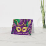 Cartões de agradecimentos de aniversário de Mardi<br><div class="desc">Festivo qualquer festa de aniversário de máscara de mardi gras etária obrigado cartas com uma máscara de ouro com brilho sujo parecem verdes, penas de ouro e roxo e gravatas verdes, balões, miçangas, bokeh e padrões de ornamentado no fundo. Esteja você comemorando nos aposentos franceses de Nova Orleans ou você...</div>