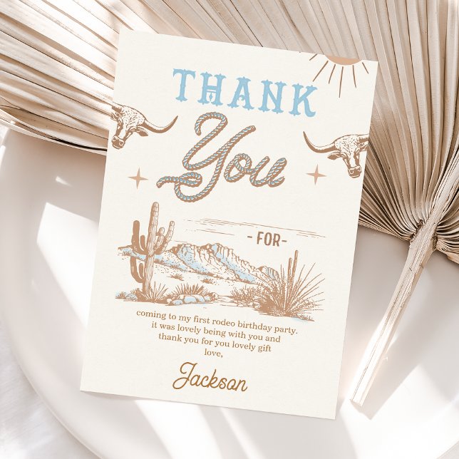 Cartões de agradecimentos de aniversário do Blue V (Blue Vintage Wild West Western Rodeo Birthday Thank You Card Boy, Western Desert Thank You Card)