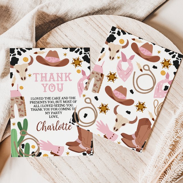 Cartões de agradecimentos de Aniversário do Rodeio (Rustic Rodeo Birthday Thank You Card, Girl Wild West Western Thank You Card, Cowgirl Pink Brown)