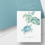 Cartões de agradecimentos de Aquarela de Tartaruga<br><div class="desc">Tropical obrigado, nota que deixa você expressar sua gratidão em estilo elegante. Frente apresenta uma réplica da minha tartaruga marinha original com folhas de palma de monstera em tons de verde e azul-turquesa. Adicione a sua mensagem personalizada em letras modernas manuscritas (mostradas com "amor e obrigados"). Personalize o dentro com...</div>