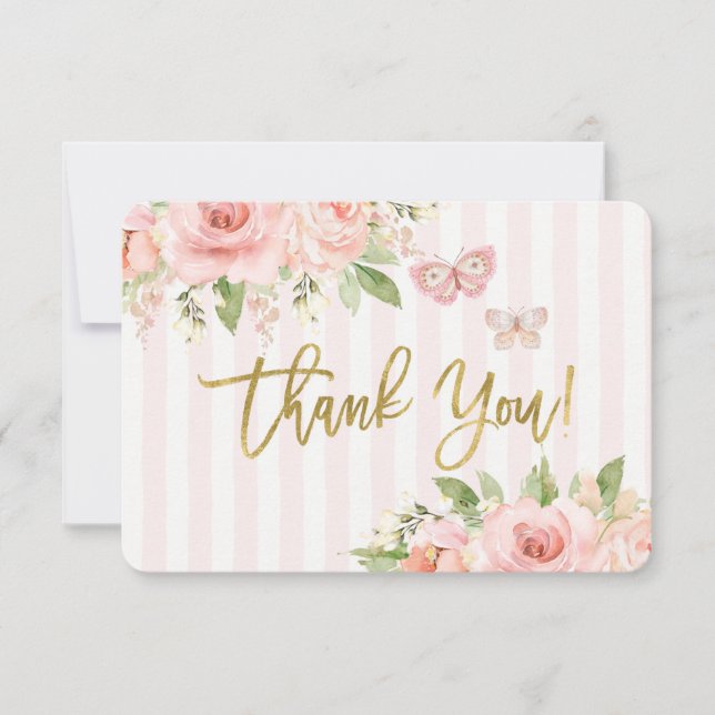 cartões de agradecimentos de borboleta rosa Chá de (Frente)