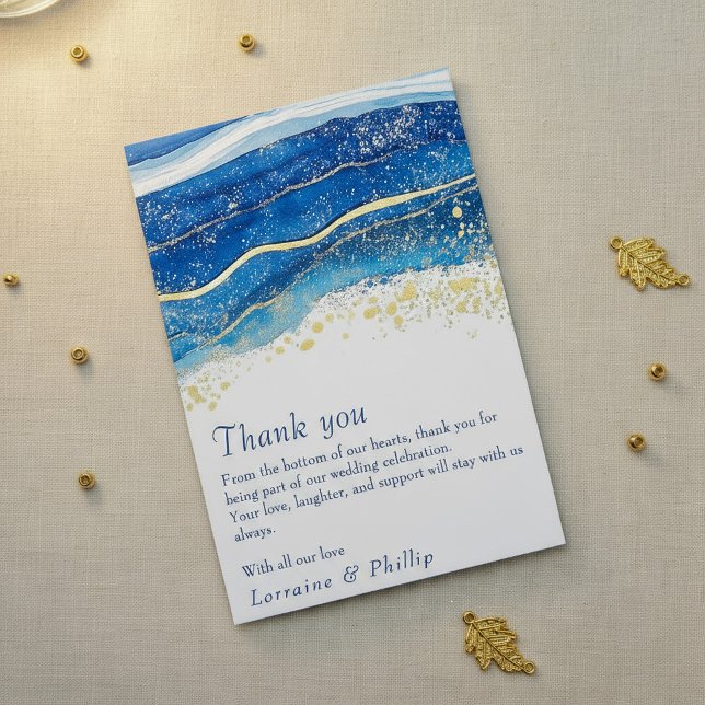 Cartões de agradecimentos de Casamento Azul e Dour (Blue and Gold Watercolor Wedding Thank You card.)