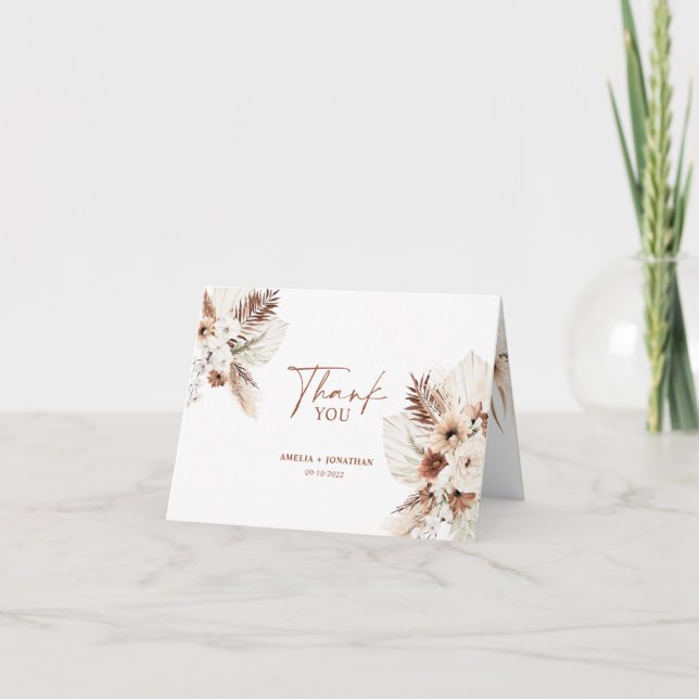 Cartões de agradecimentos de Casamento Boho Pampas (Frente)