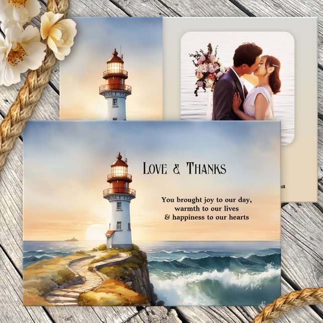 Cartões de agradecimentos de Casamento de Foto Cos (Nautical photo Wedding Thank You card featuring a watercolor painting of a lighthouse at sunset)