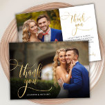 Cartões de agradecimentos de Casamento de Foto do<br><div class="desc">Elegante Chic Modern Boho Dourado Calliografia Script Wedding 2 Foto Cartões de agradecimentos. modelo obrigado de na moda com uma foto vertical de cheio na frente com o texto "Obrigado" em uma mensagem de tipografia timítica, escrita com letra swash tail na imagem e uma foto do lado reverso e uma...</div>