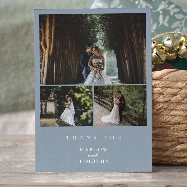 Cartões de agradecimentos de Casamento de Foto Min (Elegant 3 Photo Dusty Blue Minimalist Wedding Thank You card)