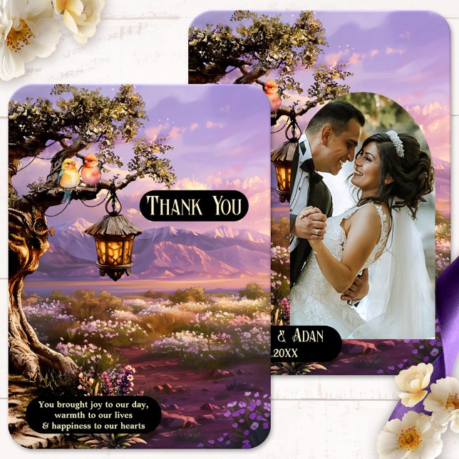 Cartões de agradecimentos de Casamento de Foto Rom (Wedding  photo Thank You card featuring a lavender landscape at sunset with lantern and love birds)