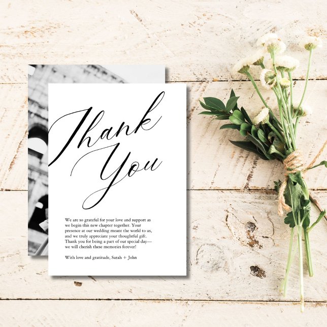 Cartões de agradecimentos de Casamento de Fotos co (Minimalist Script Photo Wedding Thank You Card)