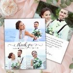 Cartões de agradecimentos de Casamento de Fotos do<br><div class="desc">Casamento de Colagem de Fotos do Script 3 Elegante Moderno de Orçamento Obrigado barato cartão fino de orçamento baixo. Na moda com o obrigado de casamento que você modelo com 3 fotos na frente, com o texto "Obrigado" em um texto escrito à mão com letra caligráfica ou tipografia, com letra...</div>