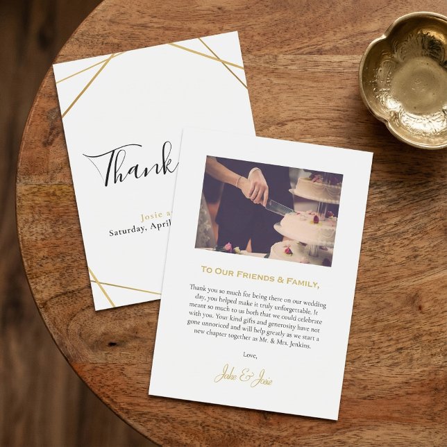 cartões de agradecimentos de casamento de fotos ge (Gold geometric photo wedding thank you card.)