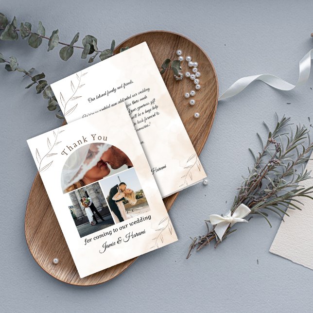 Cartões de agradecimentos de Casamento de Ivory Sc (Ivory Script Wedding Thank You Card with 3 Photos)