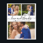 Cartões de agradecimentos de Casamento de Script d<br><div class="desc">Orçamento, Moderno, Minimalista, Elegante, Manuscrito "Amor e obrigados" Manuscrito Foto Colage Casamento Obrigado barato personalizado, baixo orçamento barato. Modelo de cartões de agradecimentos de casamento minimalista com três (3) fotos na frente e uma (1) foto no verso. Com o texto "Amor e obrigados" em um robusto guiado escrito com letras...</div>