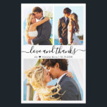 Cartões de agradecimentos de Casamento de Script d<br><div class="desc">Orçamento, Moderno, Elegante "Amor e obrigados" Script Três Casamento de Colagem de Fotos Obrigado barato personalizado cartão fino de baixo orçamento. Modelo de cartões de agradecimentos de casamento minimalista com três fotos na frente e uma foto no verso. Com o texto "Amor e obrigados" em um roteiro de letra de...</div>