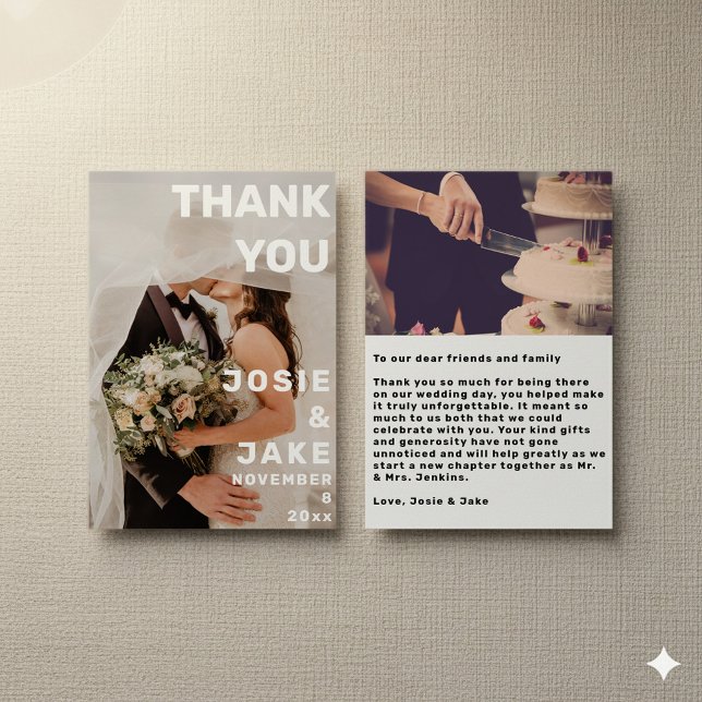 Cartões de agradecimentos de casamento duplo grand (Double photo big and bold wedding thank you card with 2 photos and message.)