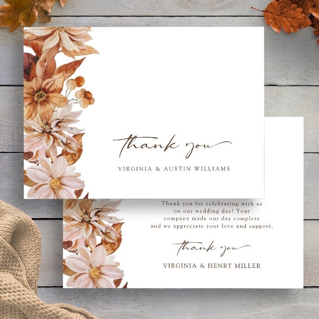 Cartões de agradecimentos De Casamento Floral De F (Boho Fall Leaves Floral Wedding Thank You Card by Painted Paperie
)