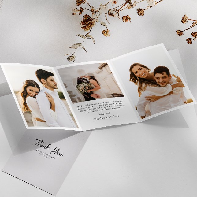 Cartões de agradecimentos de Casamento Moderno Tri (Elevate your thanks! Our trifold wedding cards let you share memories and heartfelt message.)