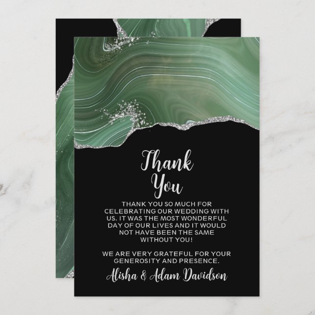 Cartões de agradecimentos de Casamento Verde Prata (Frente/Verso)