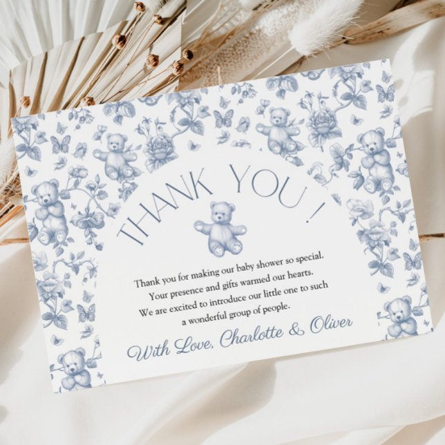 Cartões de agradecimentos de Chá de fraldas Azul d (Teddy Bear Blue Toile Baby Shower Thank You Card)