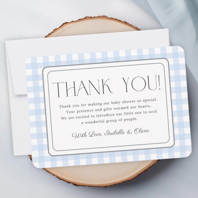 Cartões de agradecimentos de Chá de fraldas Blue G (Blue Gingham Boy Baby Shower Thank You Card)