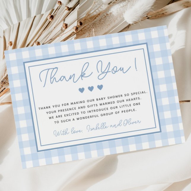 Cartões de agradecimentos de Chá de fraldas Blue G (Blue Gingham Boy Baby Shower Thank You Card)