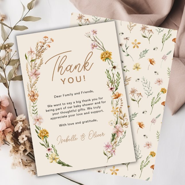 Cartões de agradecimentos de Chá de fraldas Chic B (Wildflower Boho Chic Baby Shower Thank You Card)