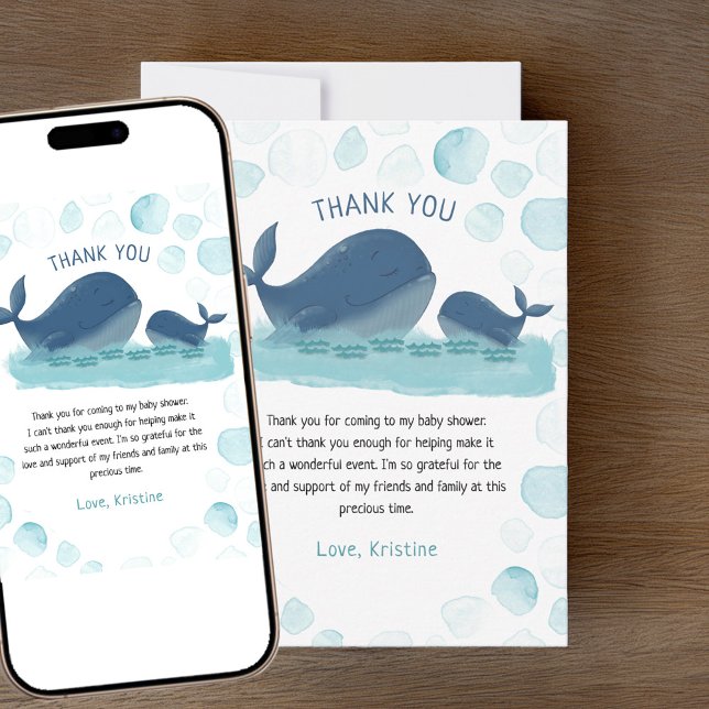 Cartões de agradecimentos de Chá de fraldas de Aqu (Whale Baby Shower Thank You card - order printed and/or as a digital download)