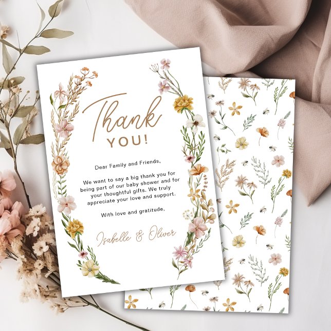 Cartões de agradecimentos de Chá de fraldas de Cor (Wildflower Watercolor Baby Shower Thank You Card)