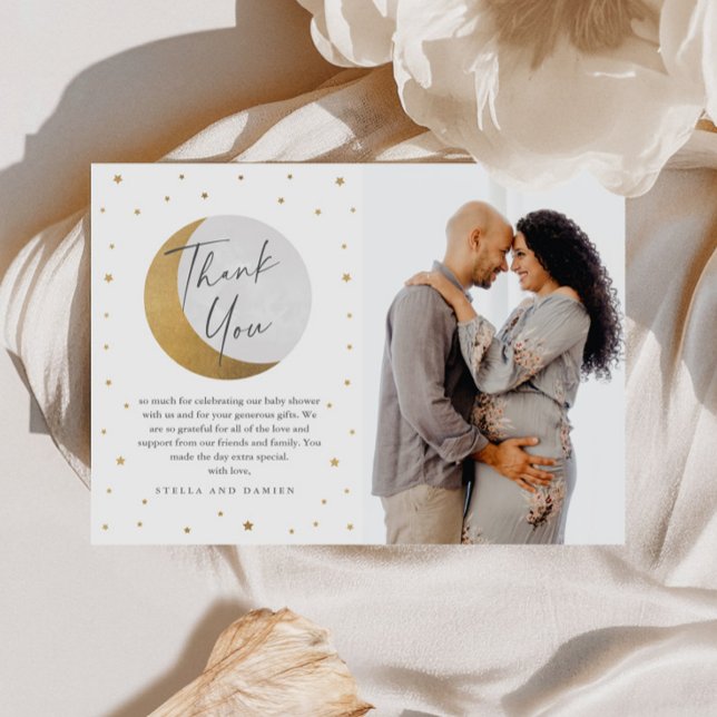 Cartões de agradecimentos de Chá de fraldas de Fot (Gold Moon and Stars Baby Shower Photo Thank You Card.)